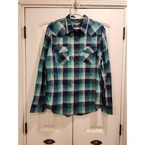 American Eagle Plaid Long Sleeve Metal Snap Western Slim Fit Shirt Large Preppy